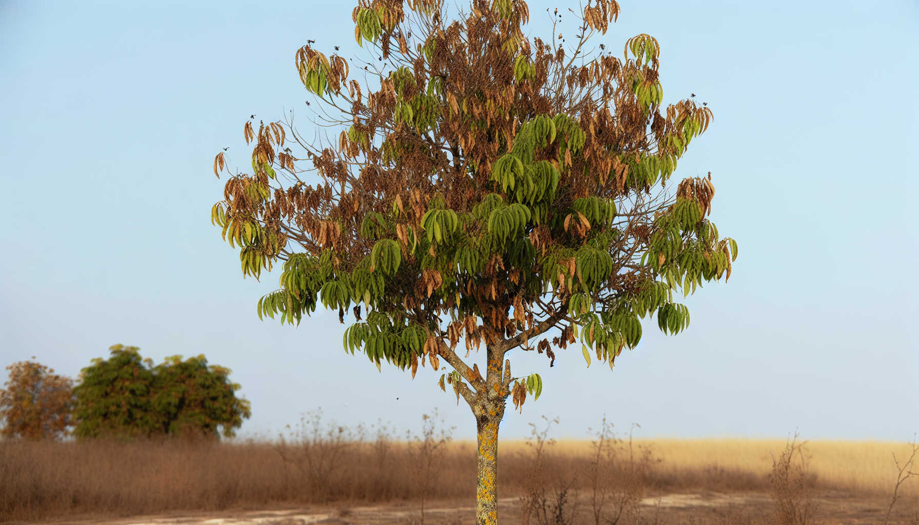 Tree with sparse foliage and discoloration