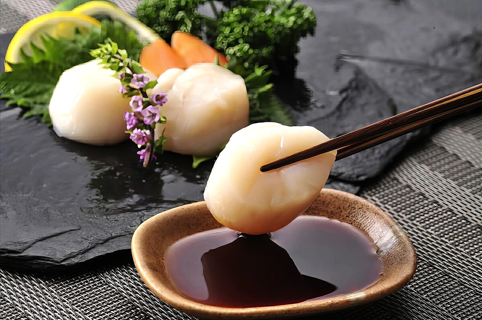 Hokkaido scallops served with sauce and chopsticks, showcasing a gourmet dish in a Singaporean setting.