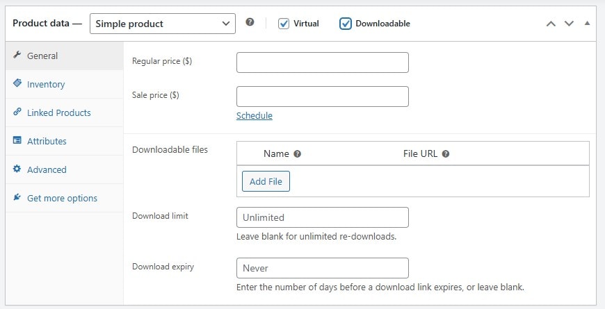Virtual and downloadable product options