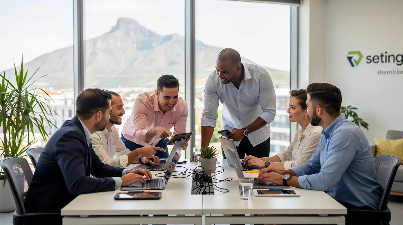 A diverse team in a Cape Town office collaborates using laptops and mobile devices, engaging in digital note-taking with Microsoft OneNote. They share ideas and meeting details in real-time, utilizing various Microsoft apps for enhanced productivity.