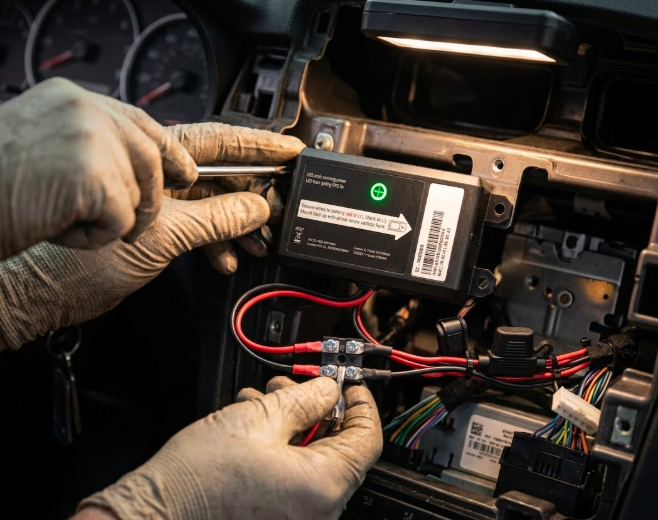 Professional installation of a hardwired GPS tracker behind a vehicle dashboard