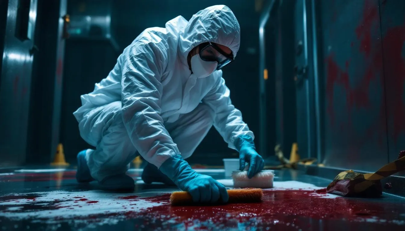 A professional crime scene cleaner, dressed in full protective gear, is diligently working at a biohazard scene, showcasing the importance of biohazard cleanup services in the aftermath of traumatic events. This image highlights the critical role of a hardworking team in crime scene cleanup, emphasizing the valuable service they provide to the community.