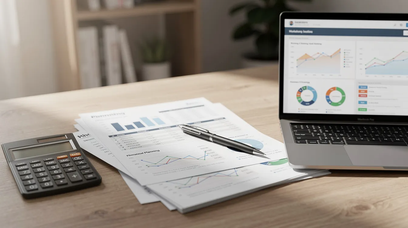 The image depicts financial planning documents alongside a calculator and a laptop, symbolizing the process of managing retirement savings accounts such as Roth IRAs. This setup suggests a focus on strategies for high income earners to optimize their tax benefits and contributions, including options like the backdoor Roth IRA and traditional IRA accounts.