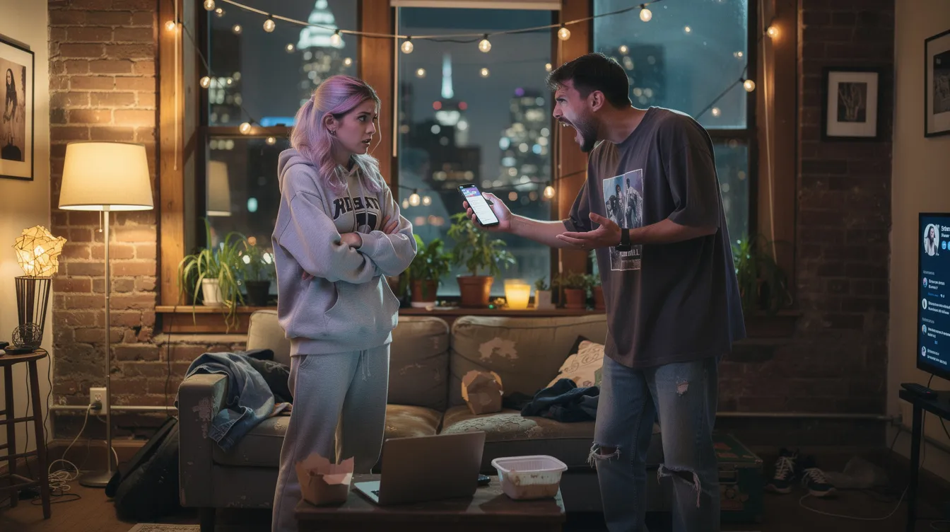 The image depicts a young couple in a tense argument inside a New York City apartment, illustrating the signs of a toxic relationship. Their body language and facial expressions convey emotional distress, highlighting the harmful behaviors and communication issues often present in toxic dynamics.