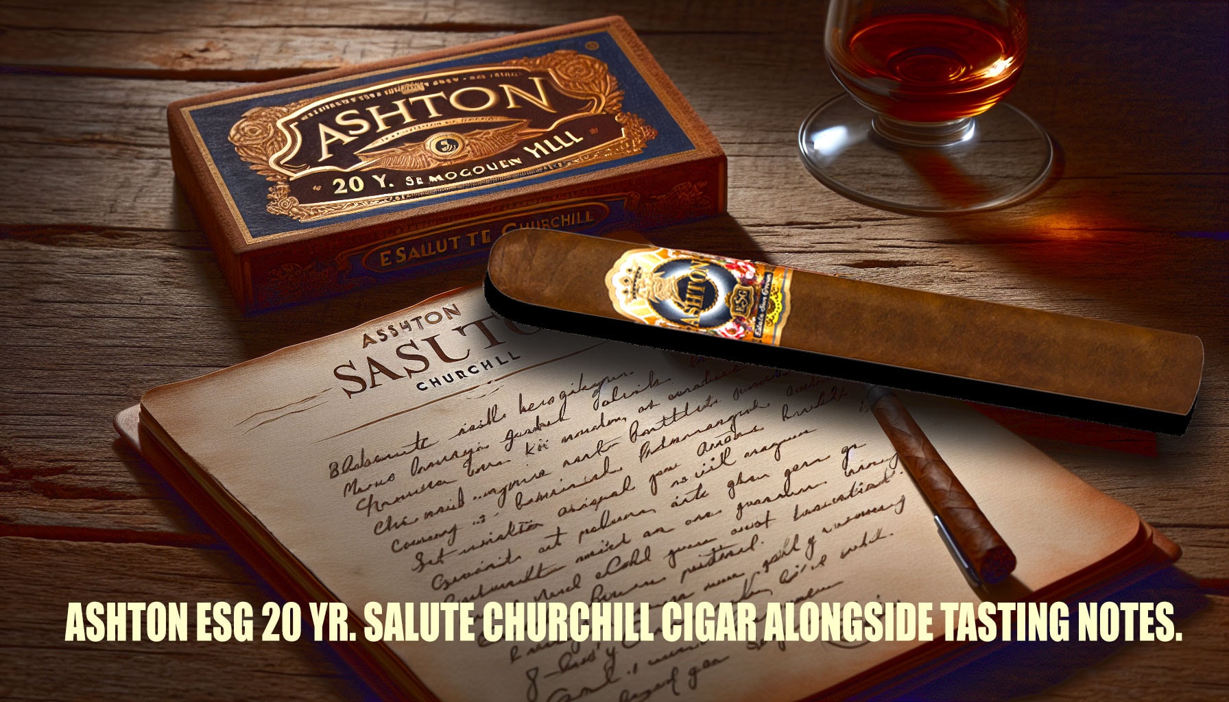 Ashton ESG 20 Yr. Salute Churchill cigar alongside tasting notes.