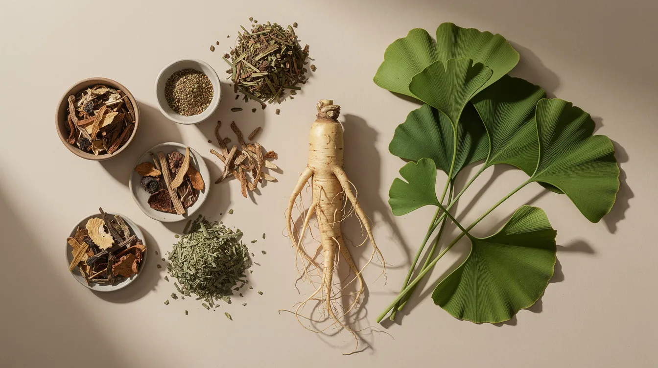 The image features fresh ginseng root, vibrant ginkgo leaves, and an assortment of dried herbs, all beautifully arranged on a light background. This natural display highlights the herbal ingredients often associated with improving sexual function and enhancing female libido, reflecting the principles of traditional Chinese medicine.