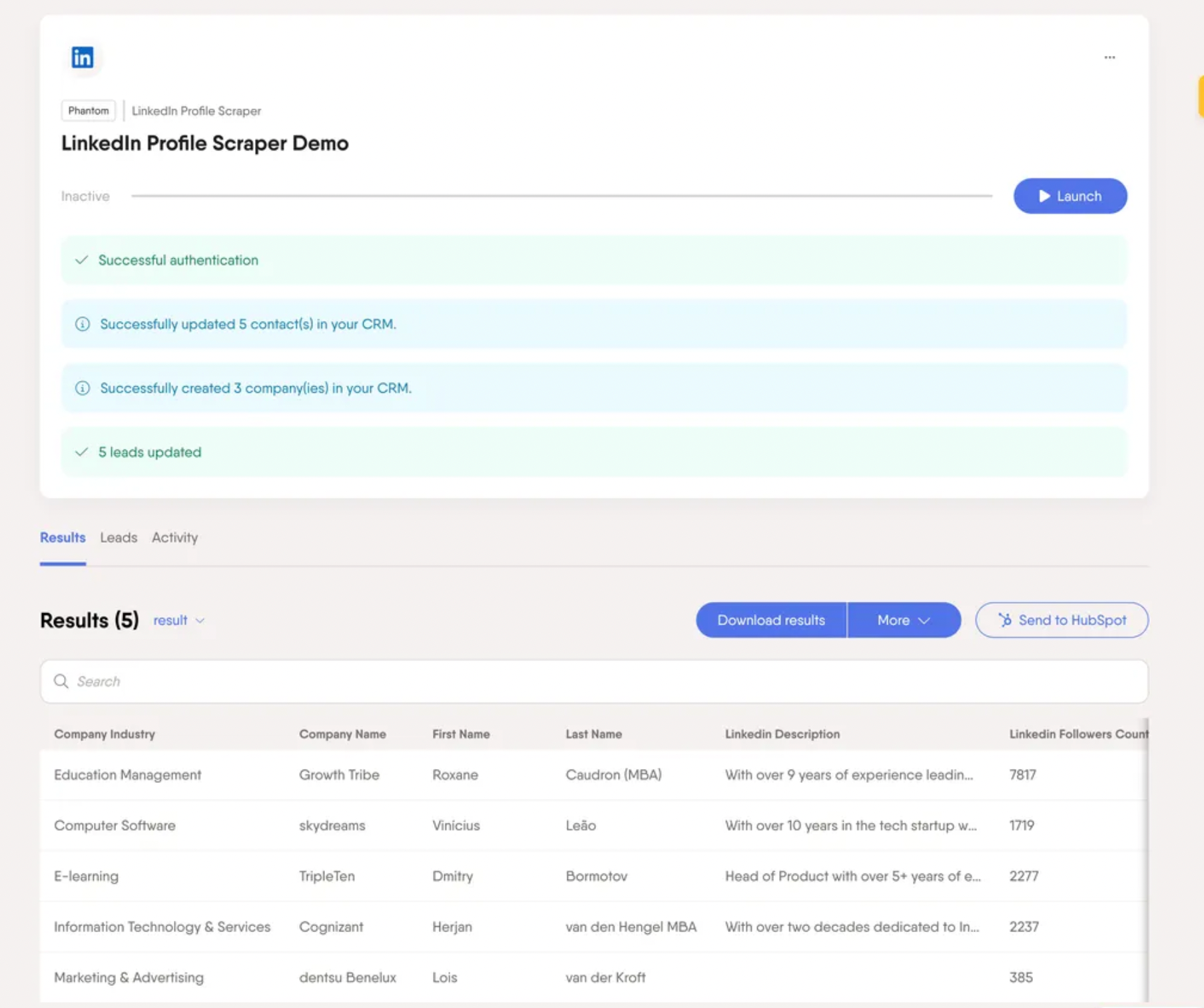 PhantomBuster results dashboard