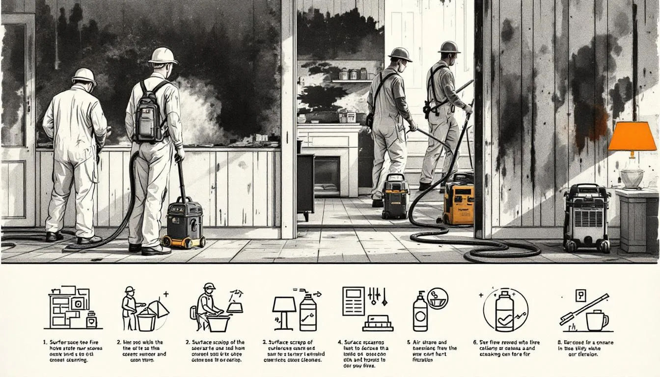 Smoke and soot removal techniques being applied in a fire-damaged area.