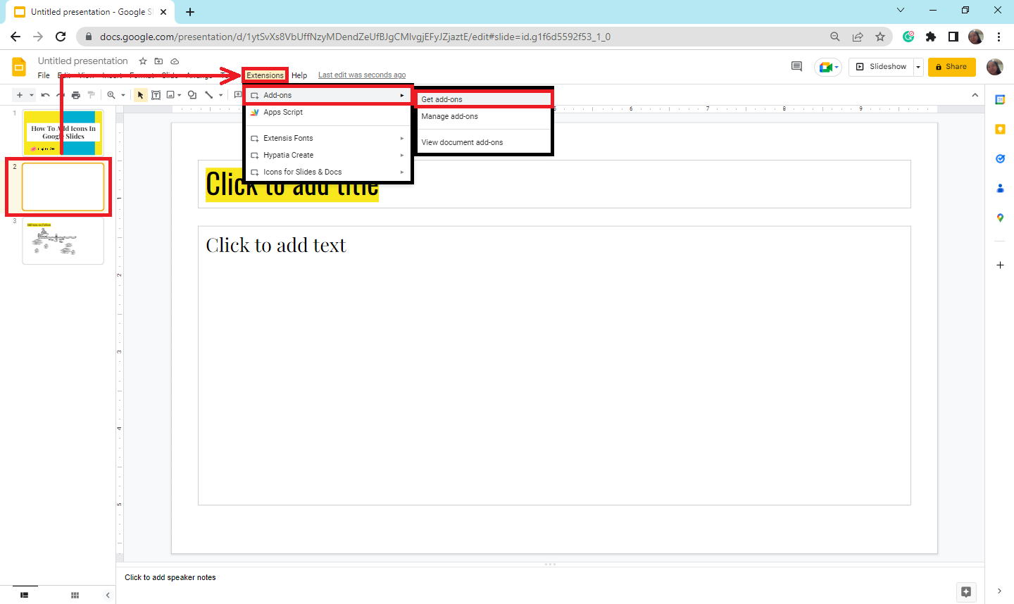 In your Google Slides, go to extension then click Get add on and choose add on