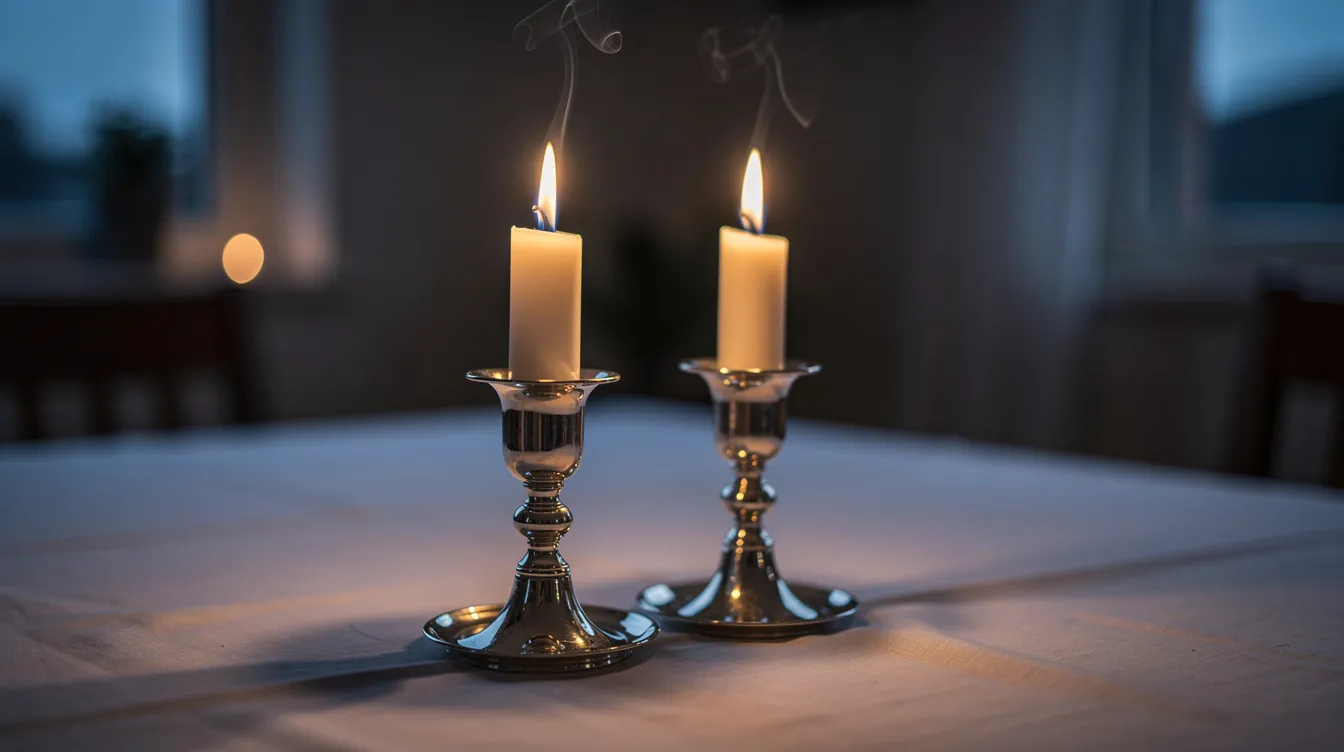 The image features lit Shabbat candles placed on a white tablecloth, casting a warm glow in the dim light of dusk. This scene symbolizes the Jewish tradition of welcoming peace and divine presence into the home, embodying the true meaning of "shalom," which encompasses wholeness and inner peace.