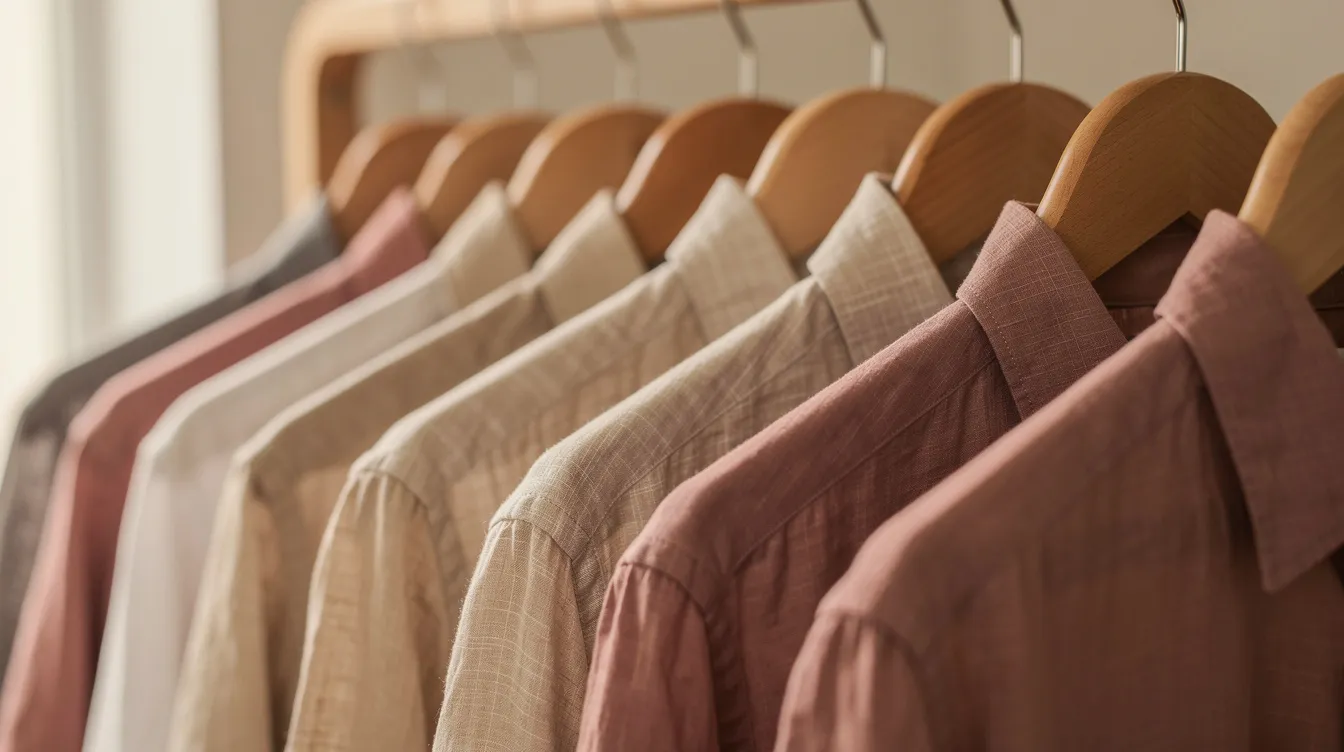 A close-up view showcases neatly hung linen shirts in soft beige and dusty rose tones, elegantly displayed on wooden hangers. This image highlights the breathable fabric, perfect for summer wardrobes and outdoor events, embodying effortless elegance and stylish versatility.