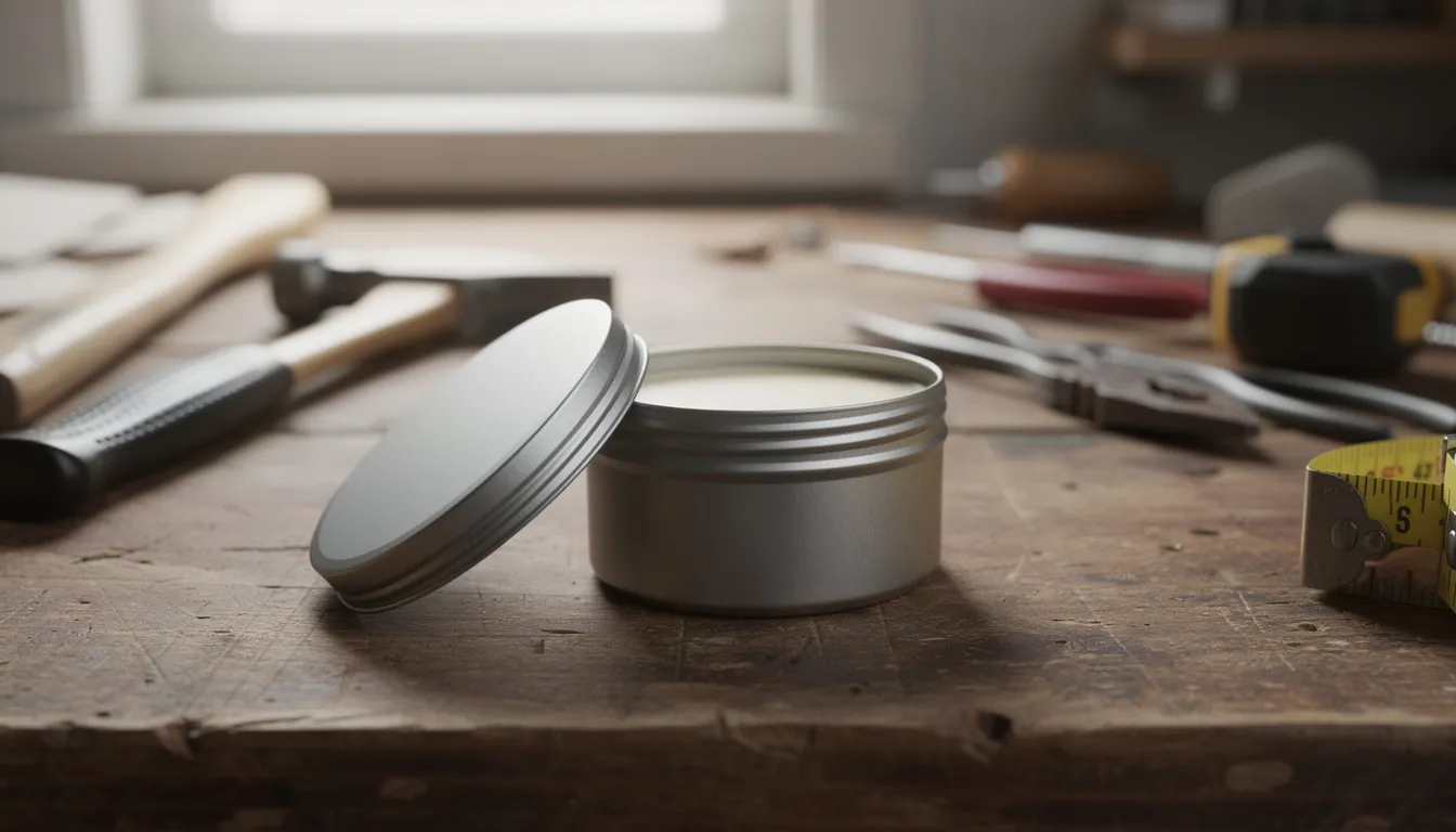 The image shows a simple jar of balm resting on a workbench surrounded by various tools, suggesting a focus on natural skincare products. The balm, likely made from tallow and shea butter, is designed to nourish the skin's natural barrier, providing deep hydration and soothing benefits for sensitive or dry skin types.