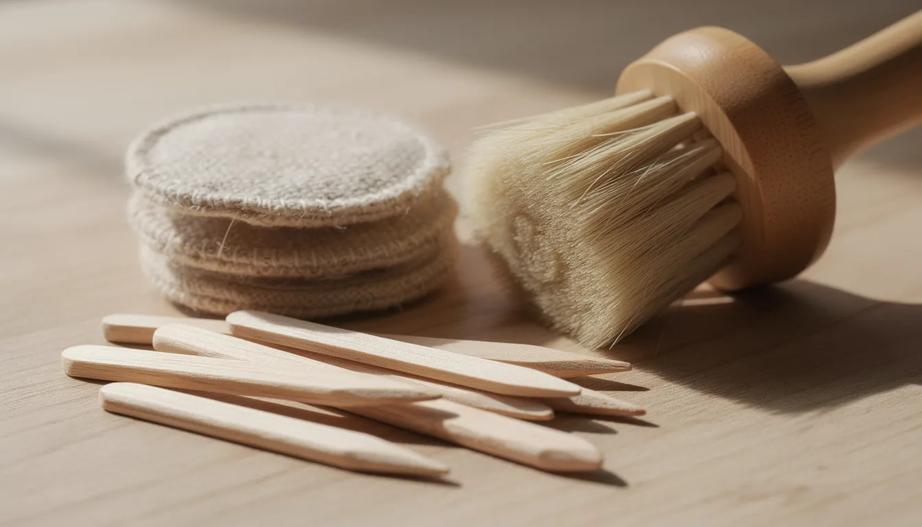 A close-up texture shot showcases wooden cuticle sticks, hemp fabric pads, and a bamboo brush arranged on a natural wood surface, highlighting eco-friendly and plastic-free manicure products ideal for achieving beautiful nails. The natural materials emphasize a non-toxic approach to nail care, promoting healthier manicures without harmful chemicals.