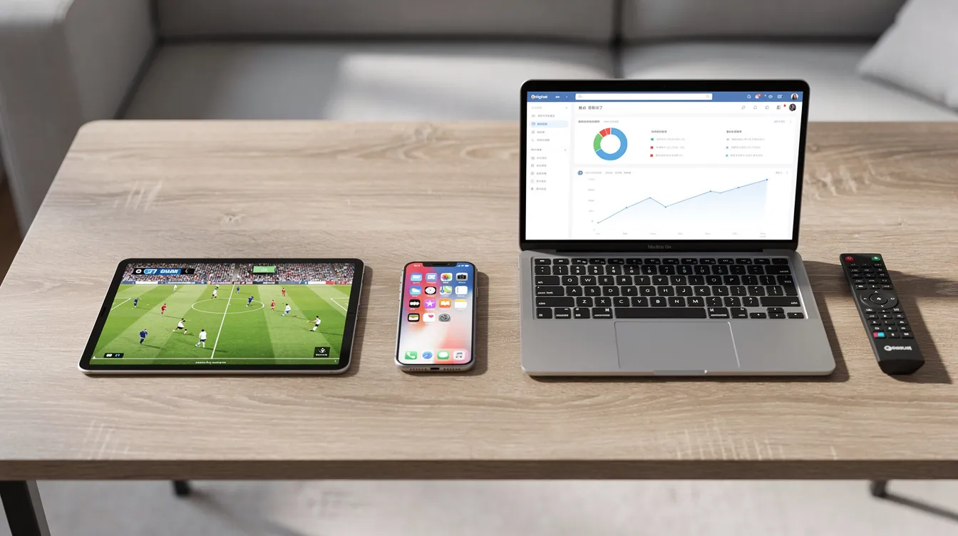 The image shows a desk with multiple devices, including a tablet displaying a live sports broadcast, a smartphone, a laptop, and a TV remote, highlighting the versatility of modern entertainment options. This setup emphasizes seamless streaming and access to a variety of live TV channels through IPTV services.