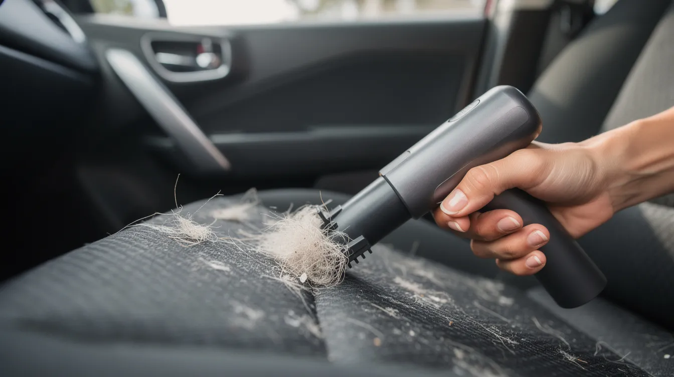 hand is seen using a vacuum with a brush tool to remove stubborn pet hair