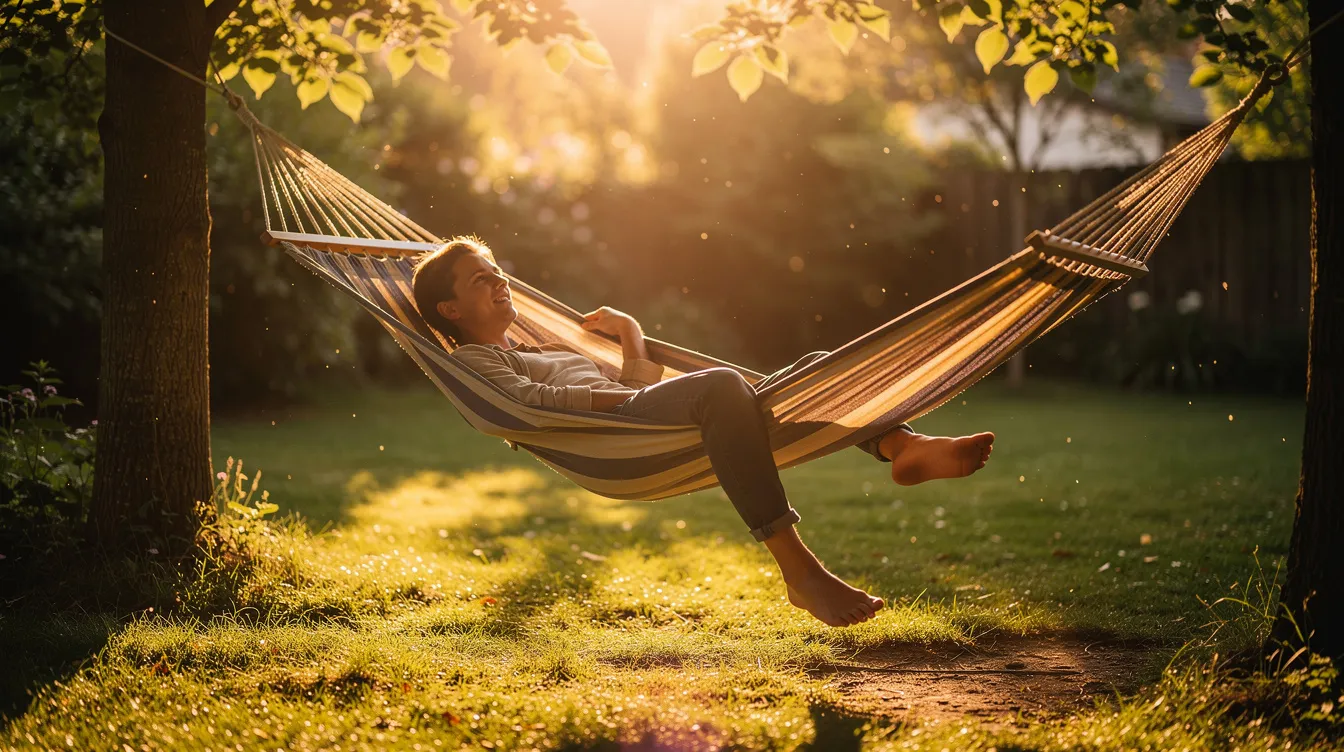 A person is relaxing in a hammock outdoors, bathed in the warm golden sunlight of the afternoon. The scene conveys a sense of calm and tranquility, perfect for unwinding and enjoying the balanced effects of nature, reminiscent of the soothing qualities found in blueberry strains.