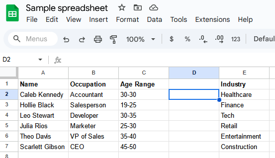 A screenshot of Google Sheets with a new column.