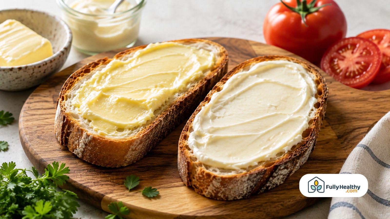 Butter and traditional mayonnaise spread on bread for a healthy condiment comparison.