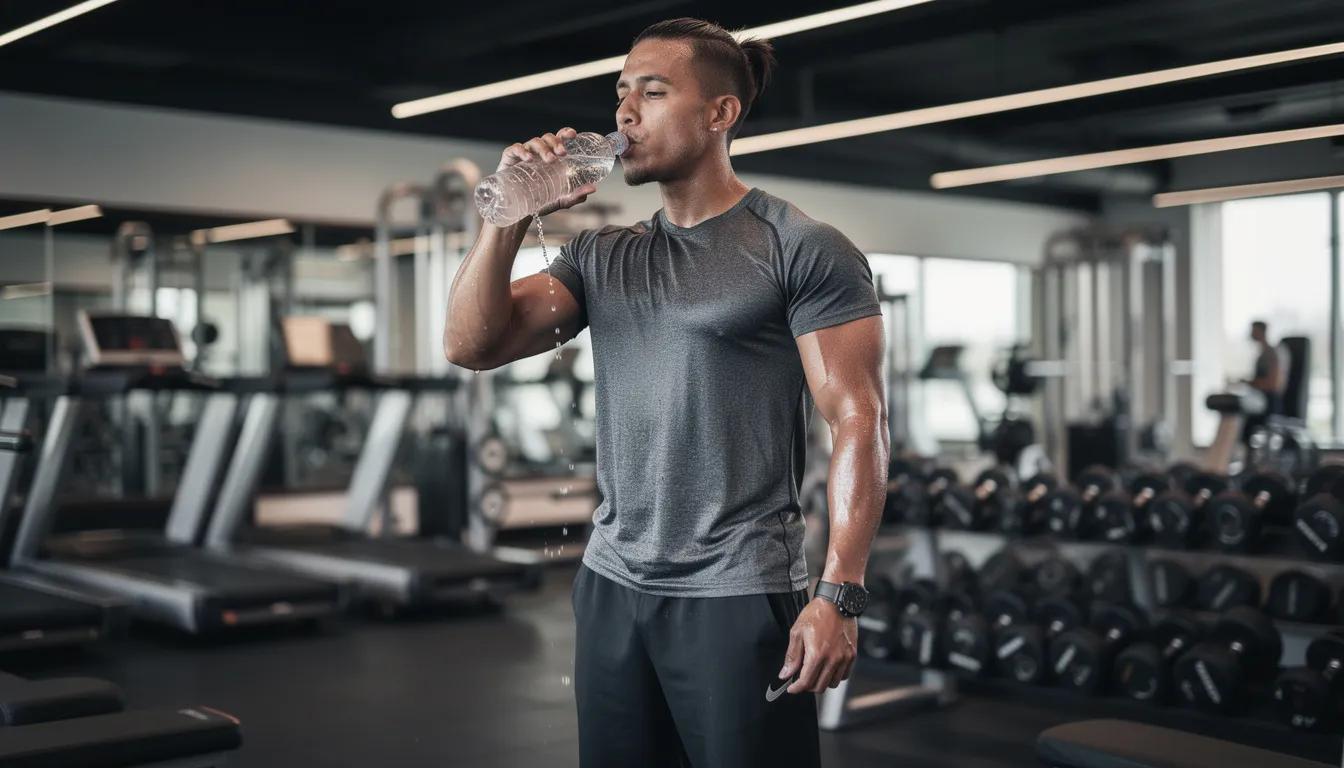 The image shows a person in a gym setting, taking a refreshing drink of water after an intense workout, highlighting the importance of hydration for physical health and recovery. This moment reflects the benefits of maintaining cardiovascular health and the role of proper hydration in enhancing exercise performance and overall wellness.