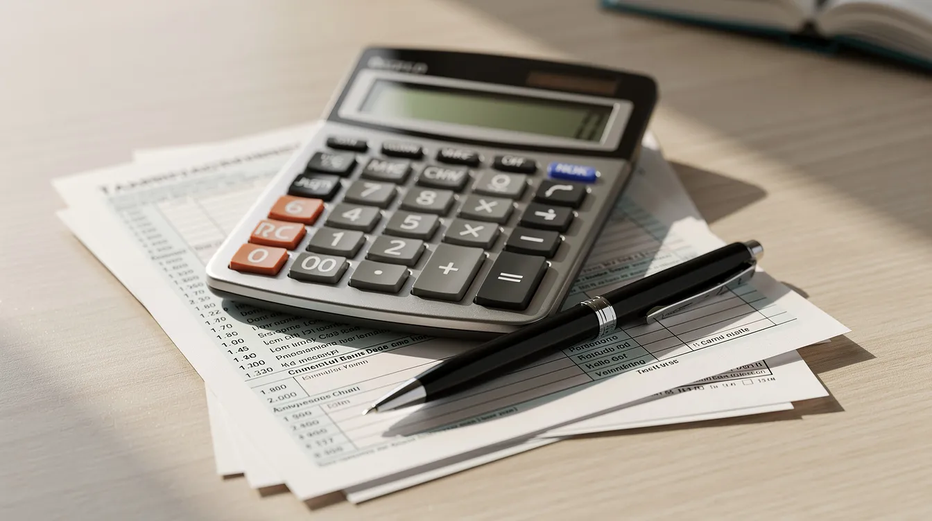 The image features a calculator alongside tax forms and a pen on an office desk, suggesting a workspace focused on financial calculations and tax preparations. It may relate to topics such as the employee retention tax credit and other tax benefits for eligible employers.