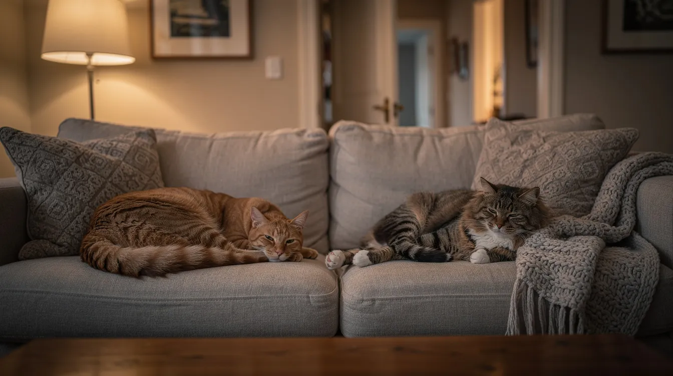 Two cats are peacefully resting on a cozy couch in a living room, with a hallway visible in the background, creating a warm and inviting atmosphere. The scene reflects a clean and comfortable space, ideal for pets, emphasizing the importance of maintaining a clean litter box for healthy living conditions for cats.