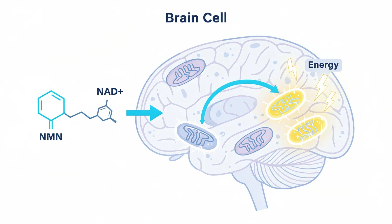 The infographic illustrates the NMN molecule transforming into NAD+ within a brain cell, with mitochondria depicted as producing energy in the form of lightning bolts. This visual representation highlights the importance of maintaining cognitive function and mental clarity, especially for those experiencing brain fog symptoms.
