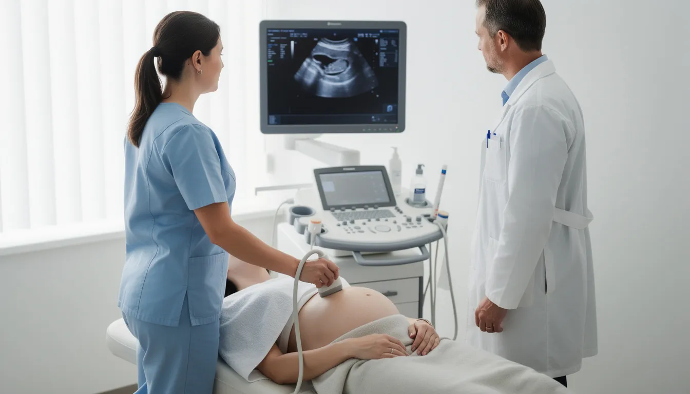 En gravid kvinna ligger på en undersökningsbänk medan medicinsk personal utför ett vaginalt ultraljud för att undersöka fostret i graviditetsvecka 12. Ultraljudet ger bilder av livmodern och barnet, vilket hjälper till att övervaka graviditeten och identifiera eventuella avvikelser.