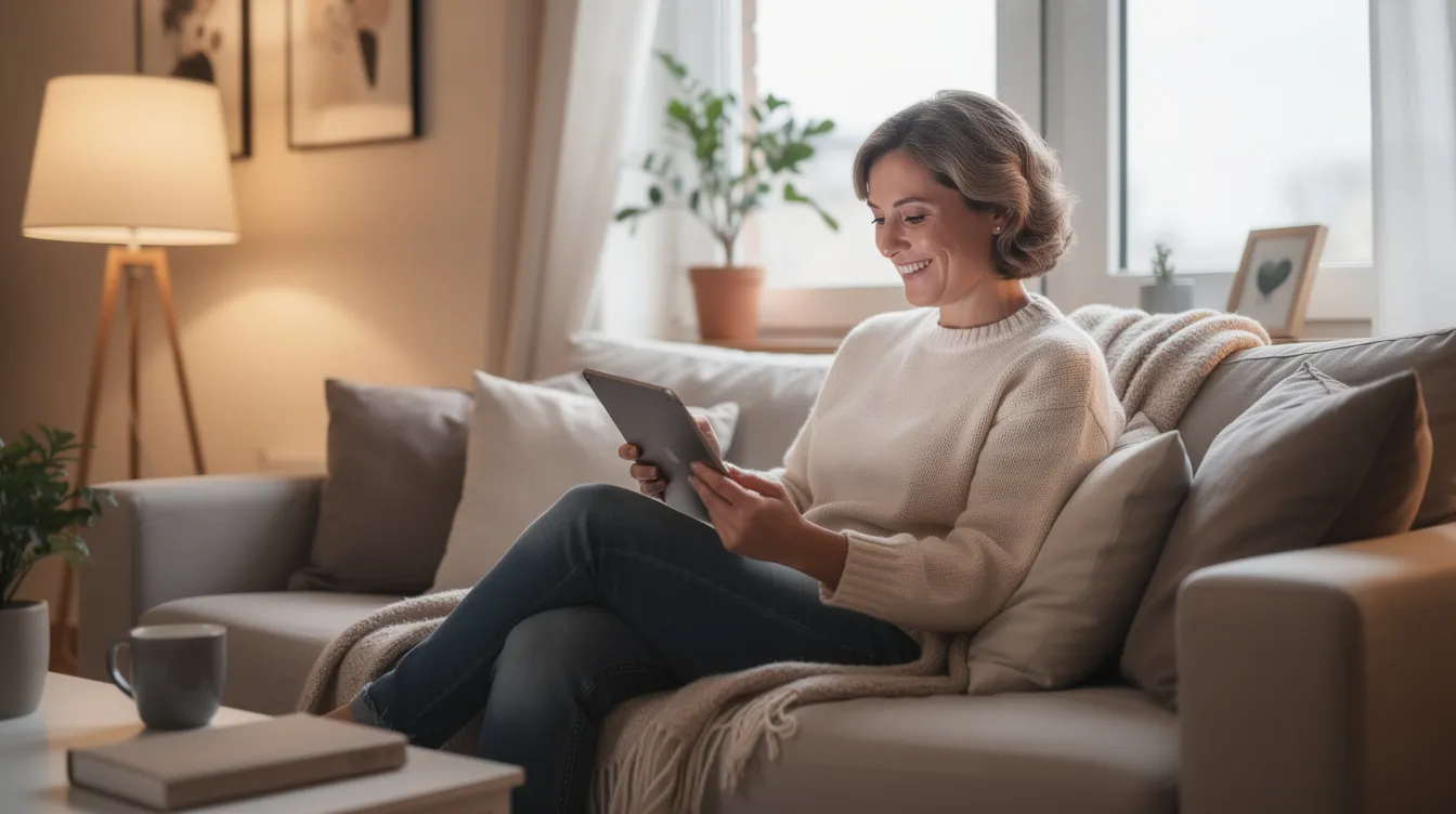 A smiling person is sitting comfortably at home, using a tablet computer to manage their retirement savings. The warm atmosphere suggests they are exploring options related to traditional and Roth IRAs, possibly considering tax implications and withdrawal rules for their future financial planning.