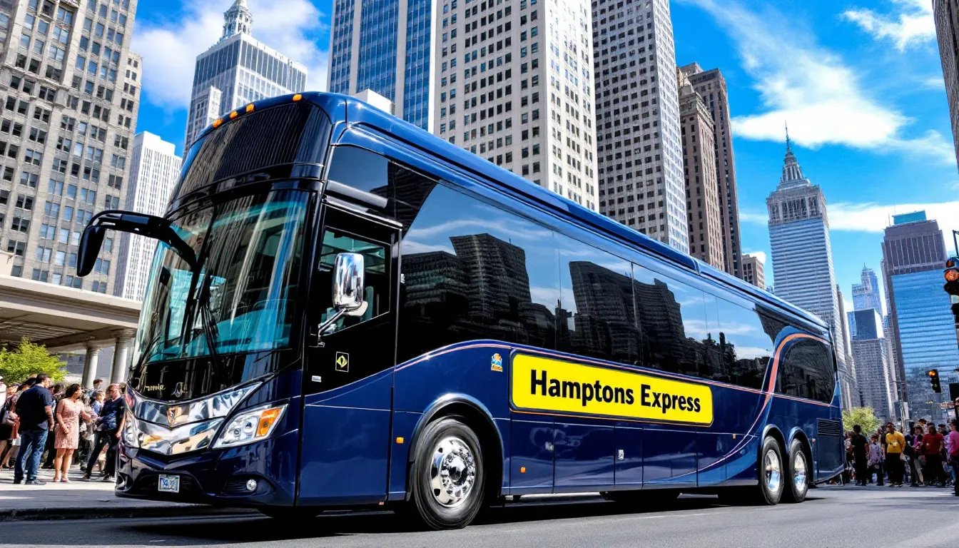A bus ready for departure from Manhattan to the Hamptons, a popular transport option.