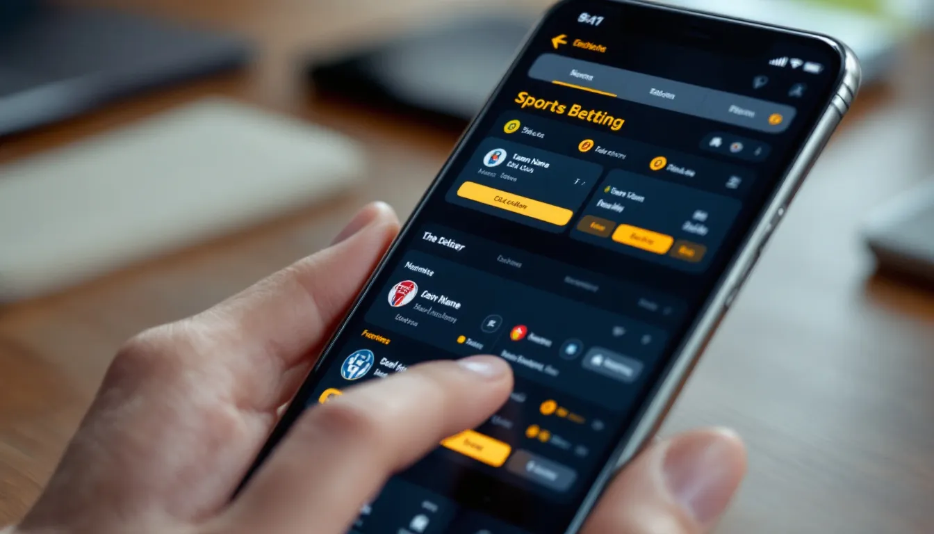 The image depicts a modern smartphone displaying a sports betting platform interface, showcasing various sporting events and the option to place bets. Users can access features such as betting history, bonuses, and a welcome bonus for new users, all designed for easy navigation on mobile devices.