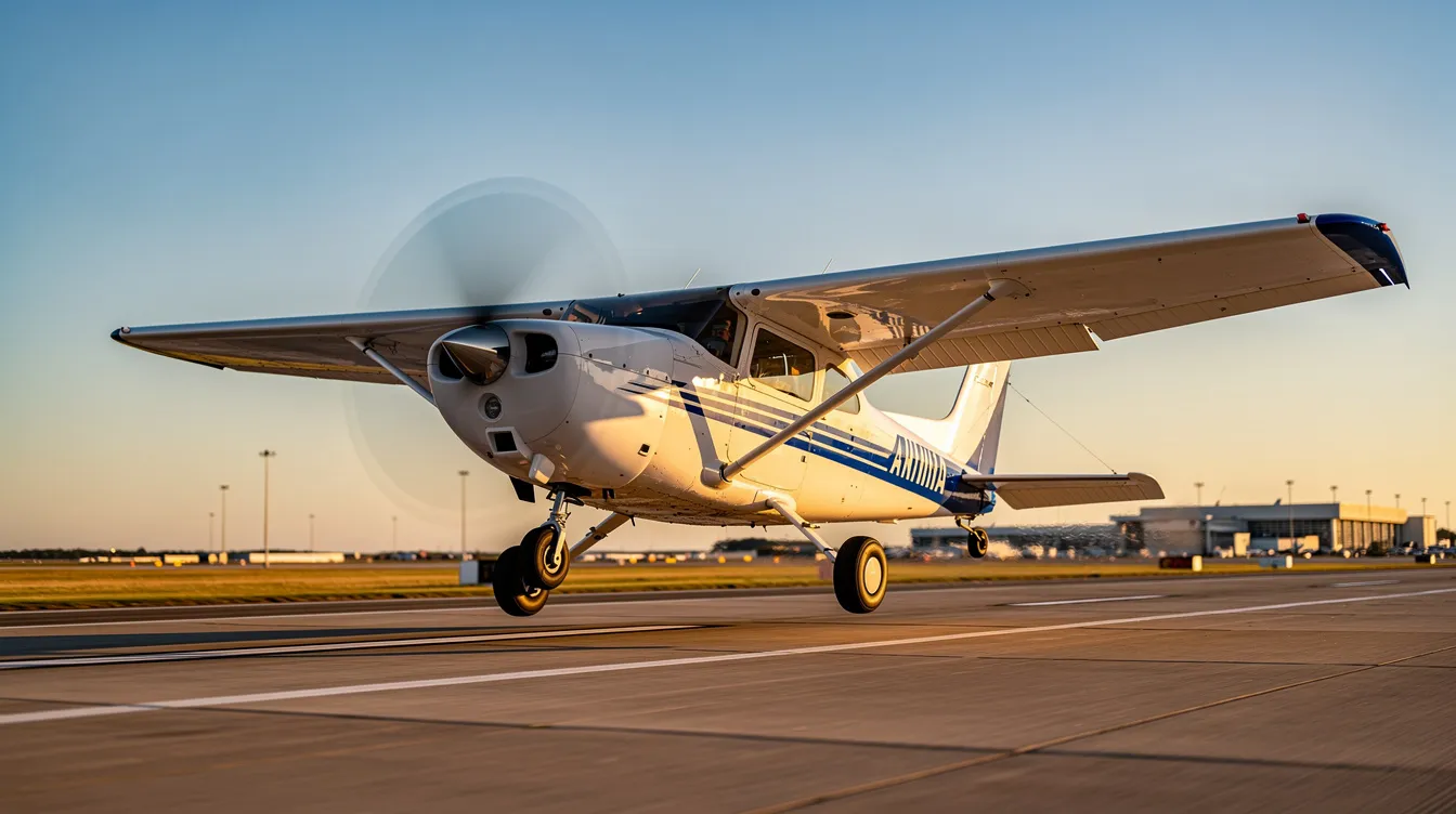 A small training airplane is taking off from a runway under a clear blue sky, symbolizing the beginning of flight training for aspiring pilots. This scene reflects the journey towards obtaining a private pilot license, where student pilots start their adventure in aviation.