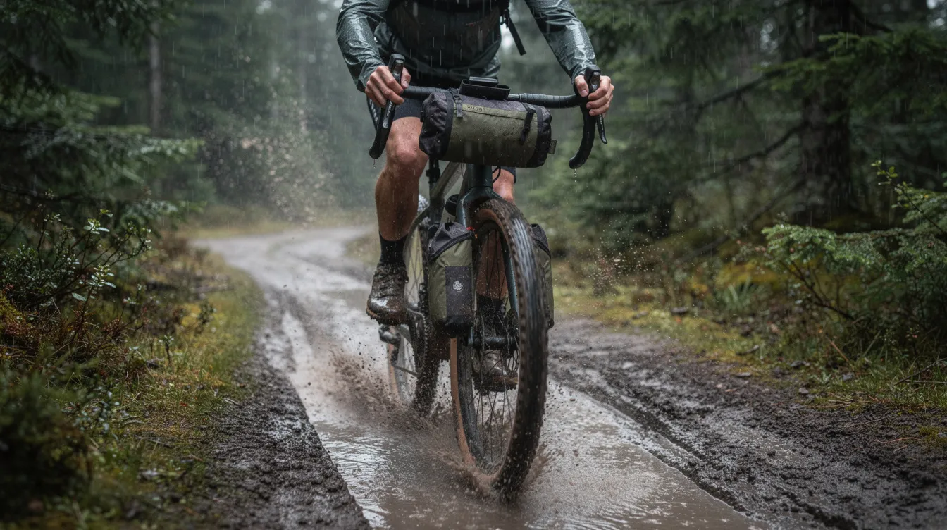 A gravel bicycle equipped with fork bags is navigating a muddy forest trail under rainy conditions. The bike features wider tires for better stability and is fully packed, showcasing its durability and ability to carry gear for adventurous rides.