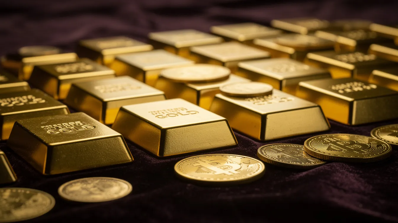 A close-up arrangement of shiny gold coins and bars on dark velvet