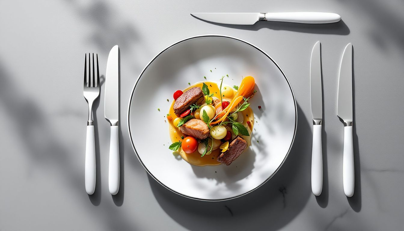 A beautifully plated dish prepared using white steel knives.