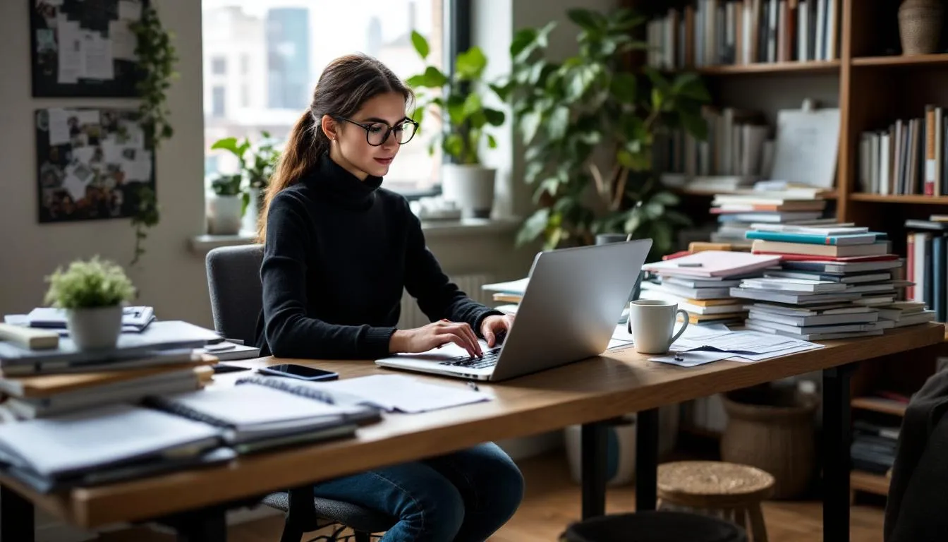 A person is seated at a desk, intently writing content on a laptop, surrounded by various research materials including books and notes. This scene reflects the process of content creation, which is essential for improving website performance and search engine rankings through effective SEO efforts.