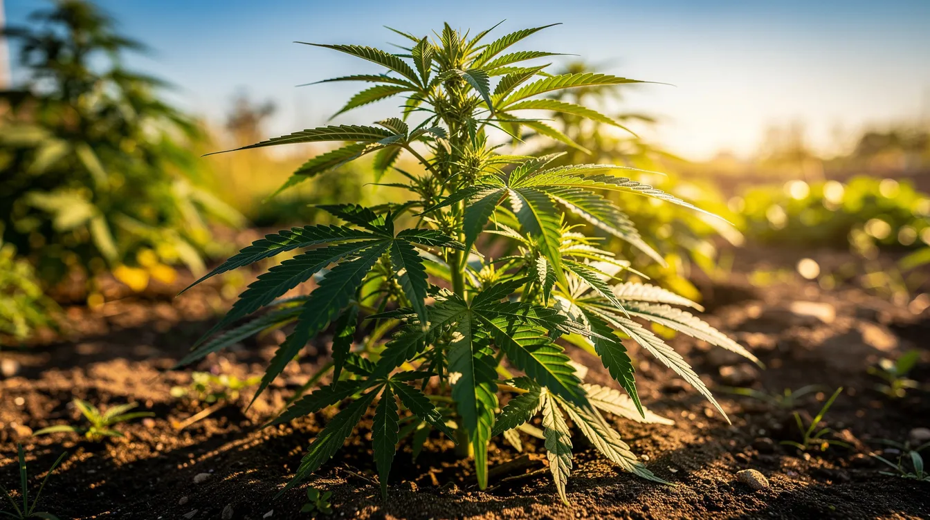 The image shows a vibrant green hemp plant growing outdoors under sunlight, showcasing its detailed leaves. This plant represents the legal hemp flower, which is an important aspect of the hemp industry, especially in discussions about thca legality in Indiana and the state's regulations on smokable hemp products.