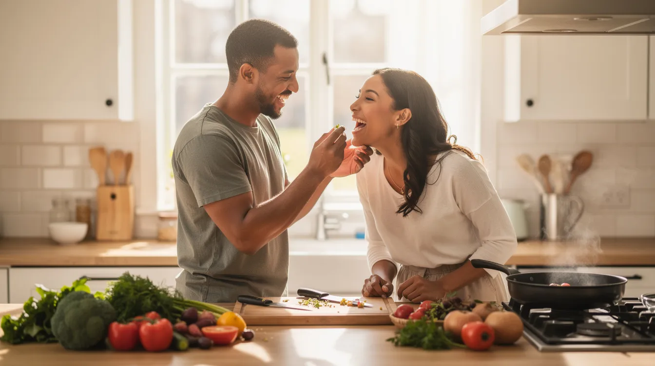 A happy mixed-race couple is cooking together in a cozy kitchen, with the man playfully feeding the woman. Their interaction showcases a loving relationship built on mutual respect and emotional support, emphasizing the importance of spending quality time together.