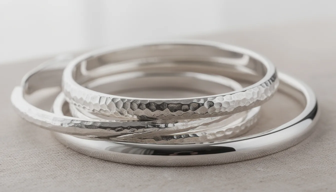 The image showcases a collection of handmade silver bangles, featuring a variety of designs including chunky, hammered finishes and smooth, polished surfaces. Each sterling silver bracelet reflects light beautifully, highlighting their unique craftsmanship and bold elegance, making them a perfect accessory for both everyday wear and special occasions.