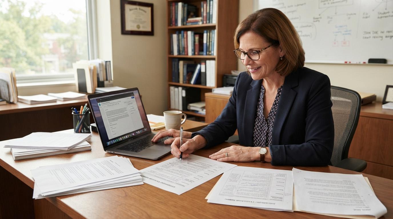 Photorealistic university professor reviewing student assignments on a laptop while comparing printed grading rubrics on a desk, modern academic office, natural lighting.