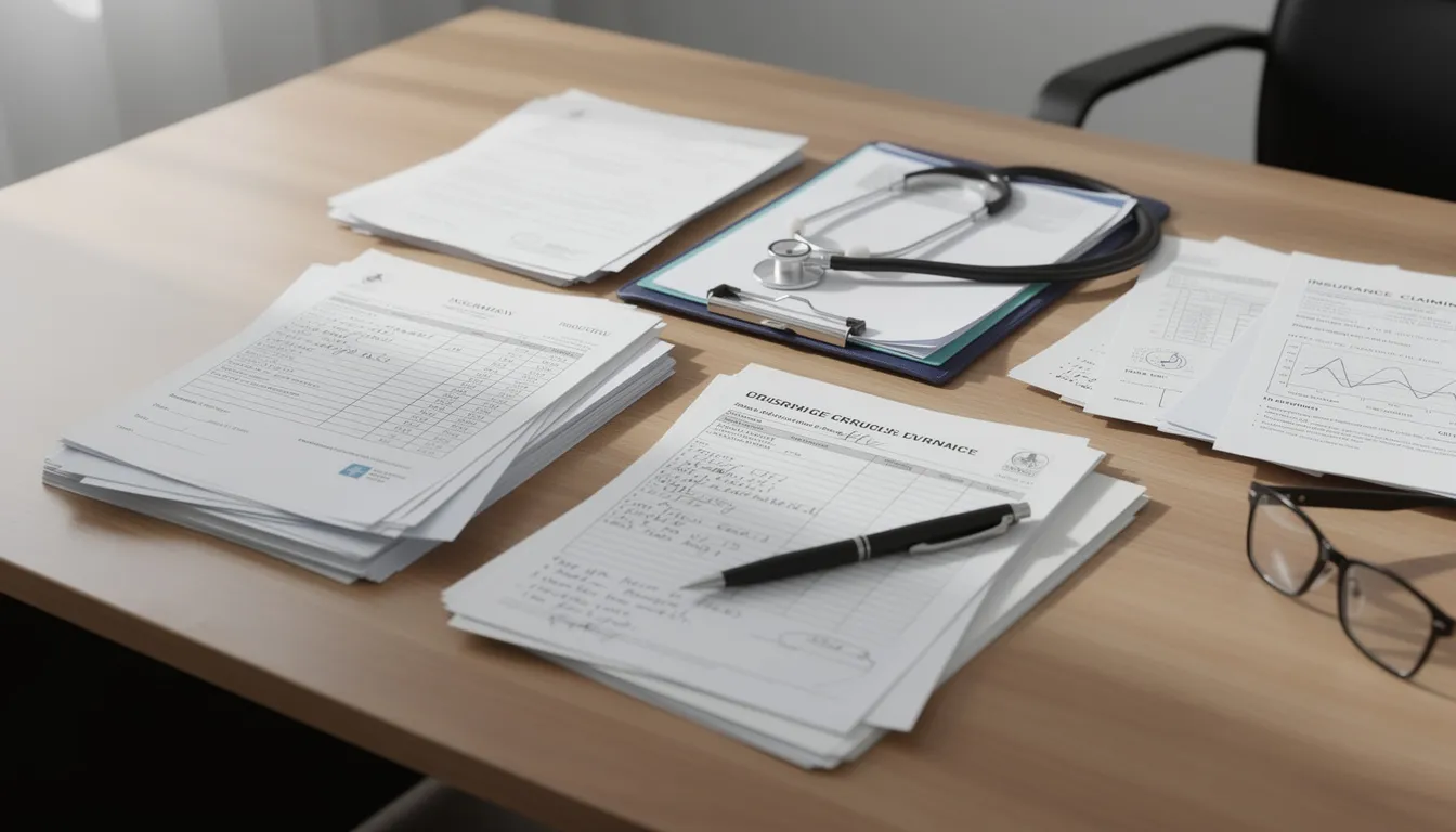 The image shows a cluttered desk filled with various medical documentation and paperwork, including accident reports and medical records related to workplace injuries. This paperwork is essential for injured workers navigating the legal process of a workers compensation claim.