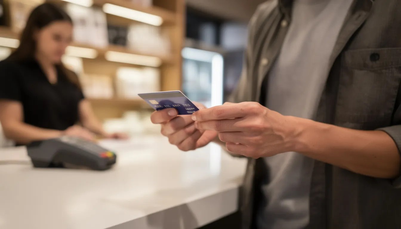 Une personne vérifie sa carte bancaire avant de la présenter au comptoir, illustrant l'importance des moyens de paiement tels que la carte Mastercard World Elite. Cette scène évoque également les privilèges et services haut de gamme associés à cette carte.