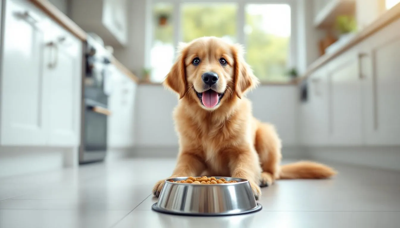A happy Goldendoodle is enjoying its meal from a stainless steel bowl in a bright kitchen, surrounded by sunlight that highlights its fluffy coat. The dog is eating a balanced diet that likely includes high-quality dog food, contributing to its overall health and well-being.