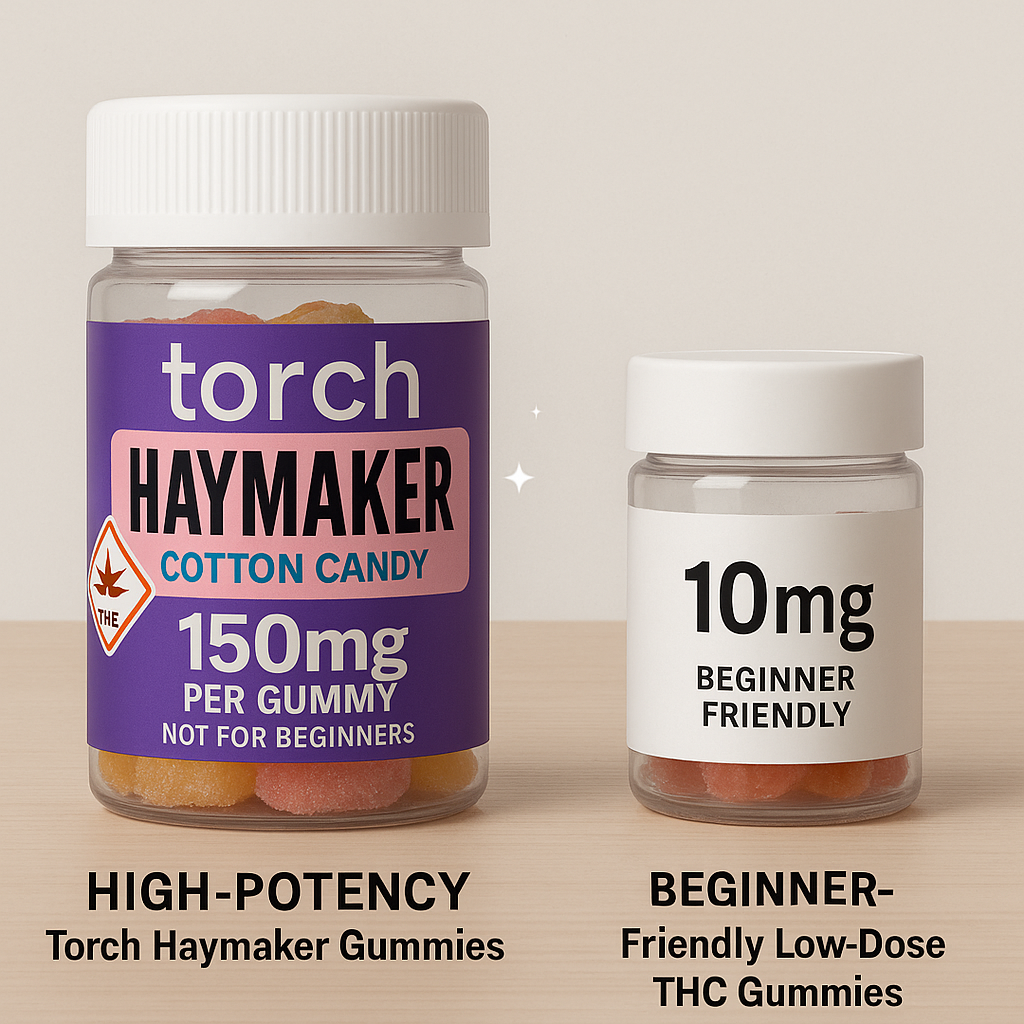 Comparison between high-potency Torch Haymaker Gummies and beginner-friendly low-dose THC edibles.