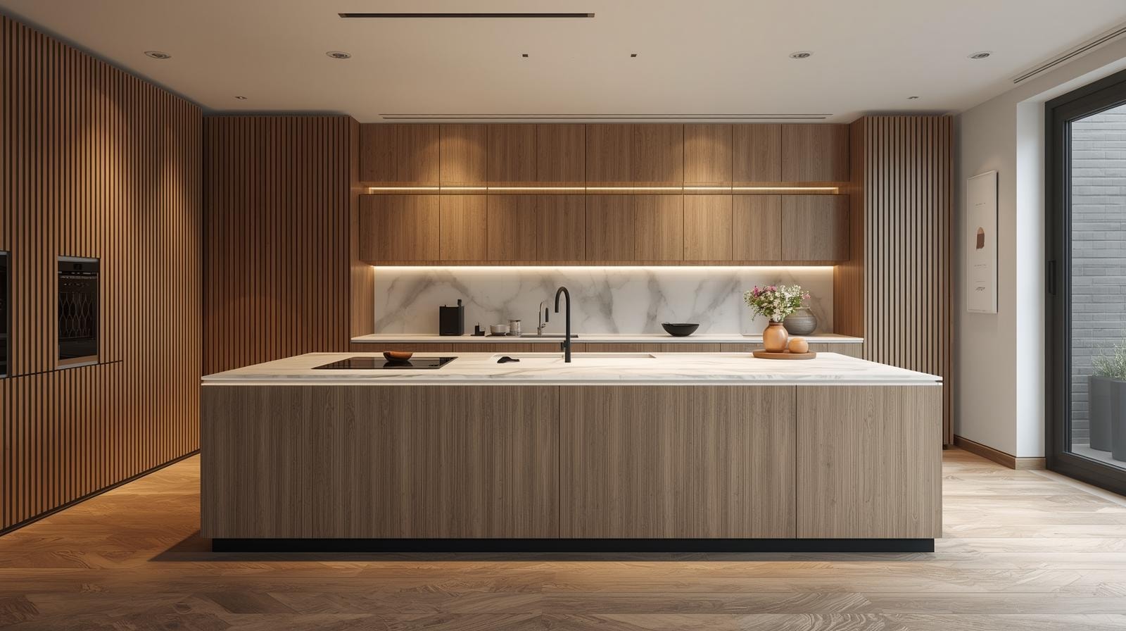 Kitchen island with wood look tiles and a marble countertop and backsplash