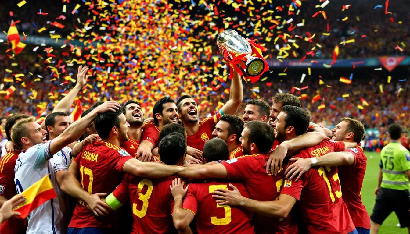 W obrazku widać hiszpańską drużynę celebrującą swoje zwycięstwo w finale Euro 2012, trzymającą puchar mistrzostw europy w piłce nożnej mężczyzn. Zawodnicy są uśmiechnięci i otoczeni radośnie skaczącymi kibicami, co podkreśla atmosferę triumfu w historii mistrzostw europy.