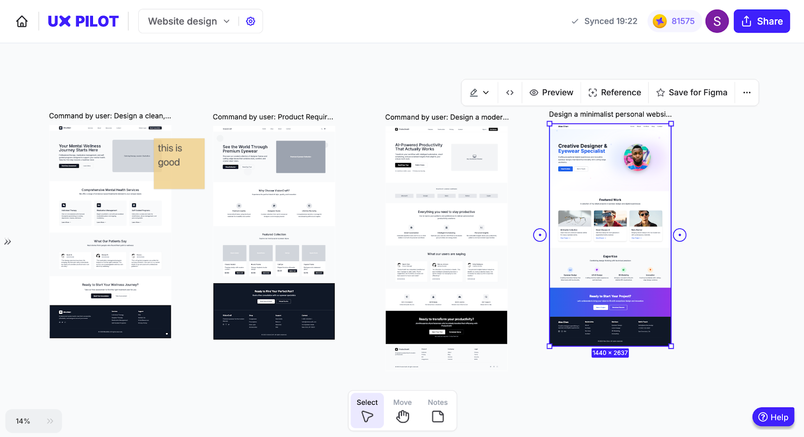 UXPilot collaboration canvas