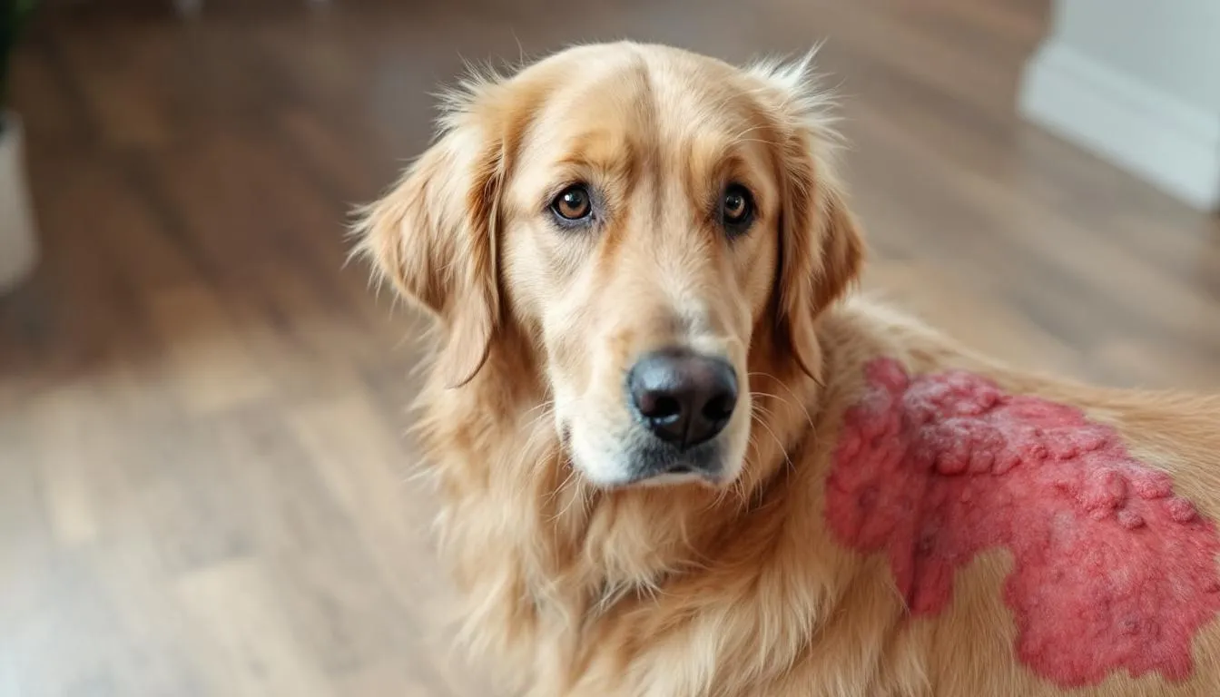 A Golden Retriever displays noticeable patchy hair loss and red skin lesions on its side, indicative of a possible bacterial skin infection such as canine pyoderma. The affected areas suggest underlying skin disease that may require veterinary evaluation and treatment.