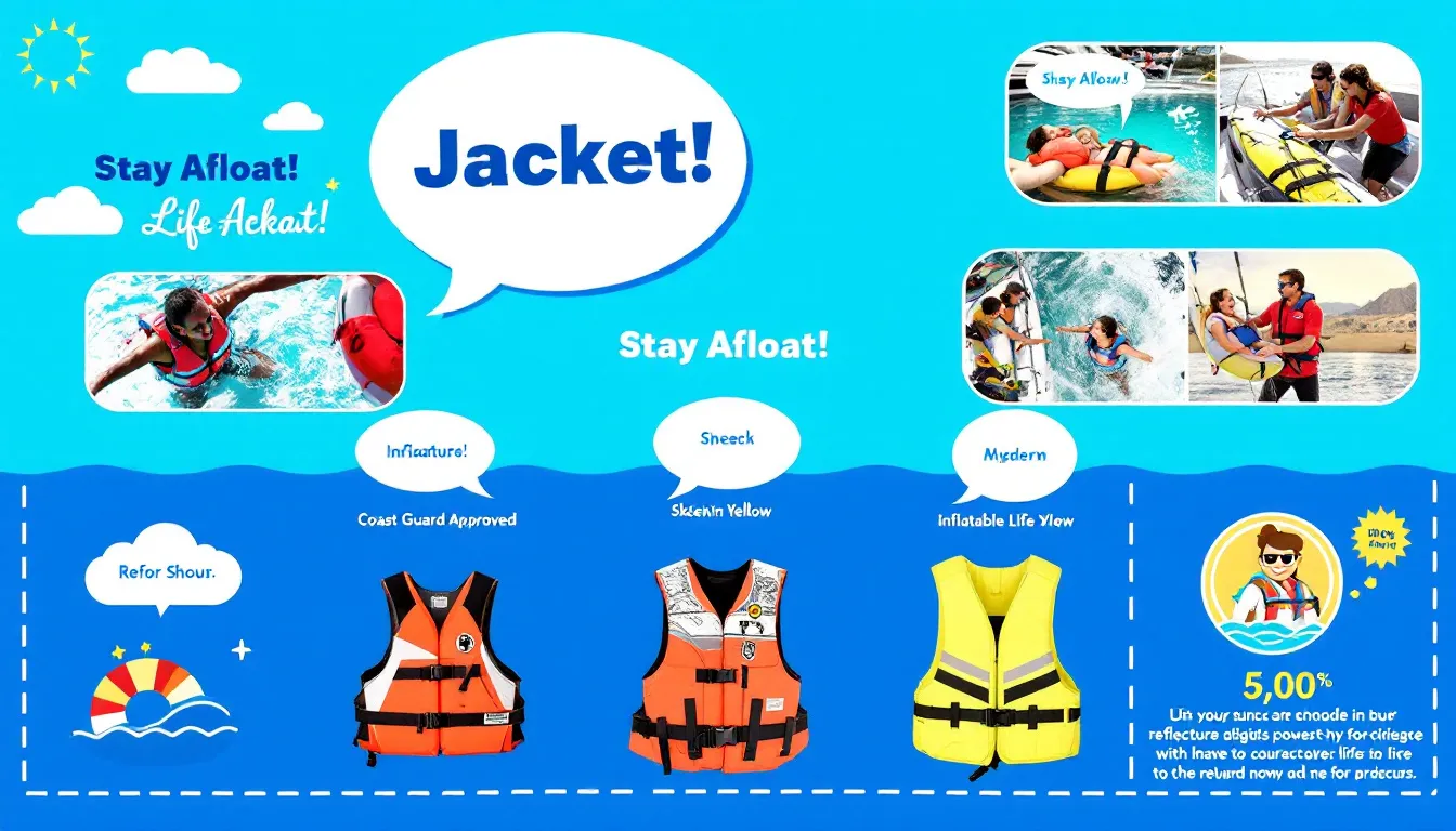 Different types of life jackets displayed together.