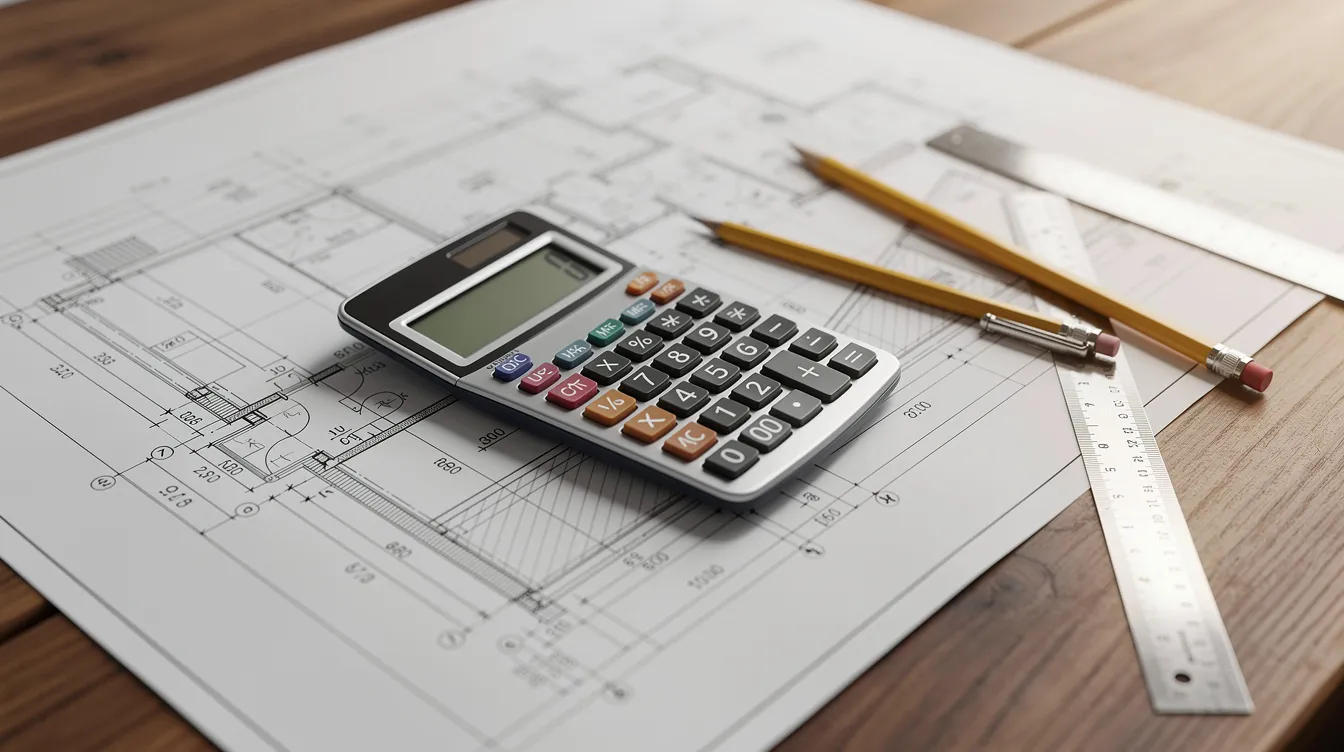 The image features a calculator resting on top of construction blueprints, all laid out on a wooden desk, suggesting a focus on financial planning for renovation projects, such as those involving hard money loans for real estate investors. The scene emphasizes the importance of budgeting and calculating costs for investment properties and rehab projects.