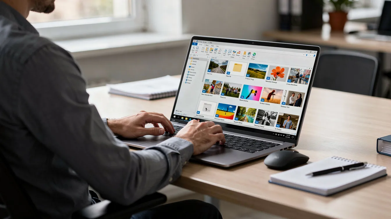A person is seated at a desk, focused on their Windows laptop, which displays organized folders of photographs on the screen. The setup suggests they might be using a pdf conversion tool to convert jpg images into a pdf file format for easier sharing or editing.